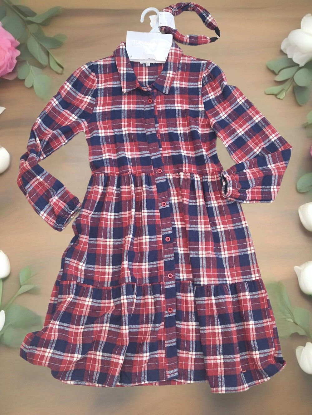 Tahari Plaid Button down Tiered maxi Dress Headband Girls 8